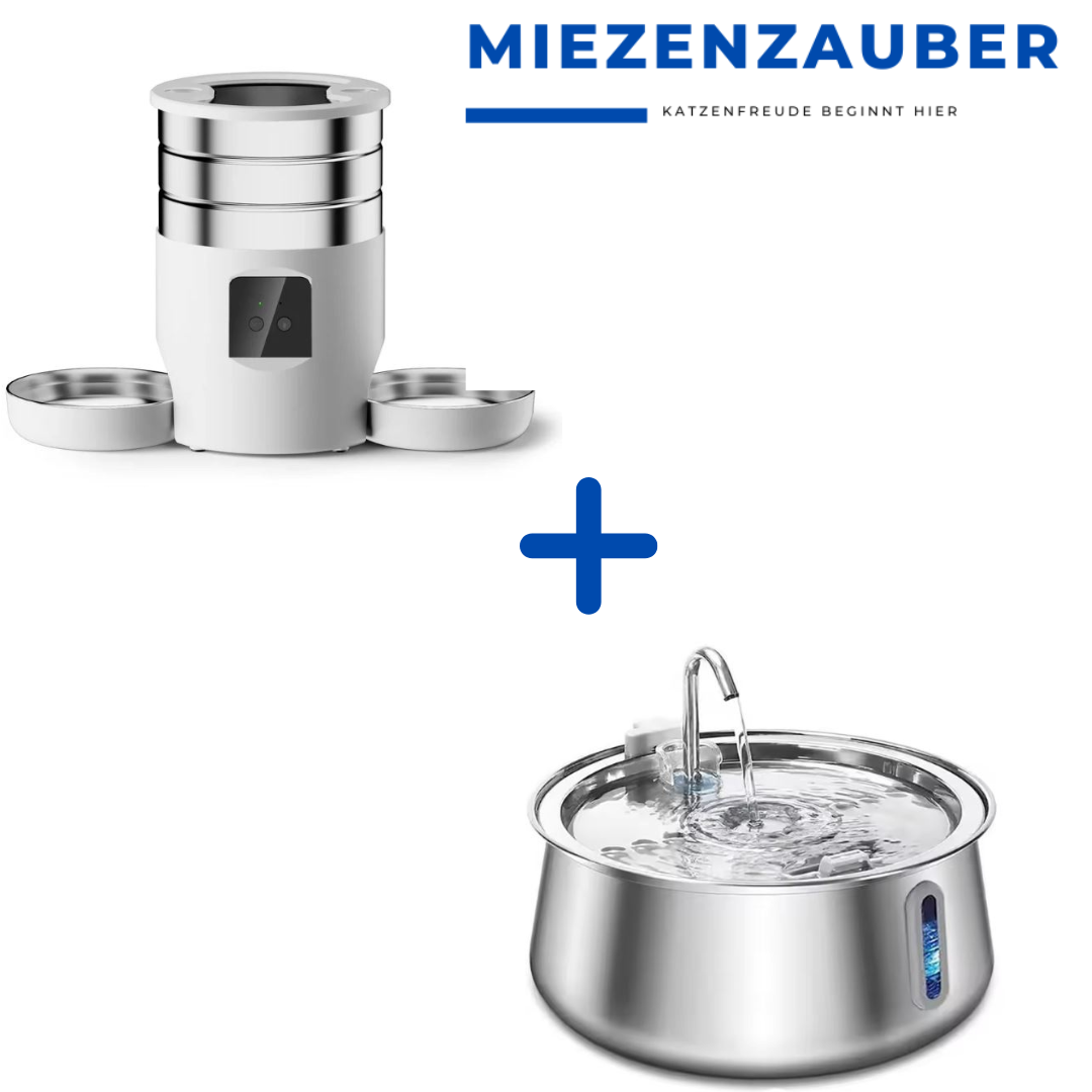 Kombiset: AquaFlow Edelstahl Katzenbrunnen + PetMaster 4.5L Intelligenter Futterspender mit WIFI