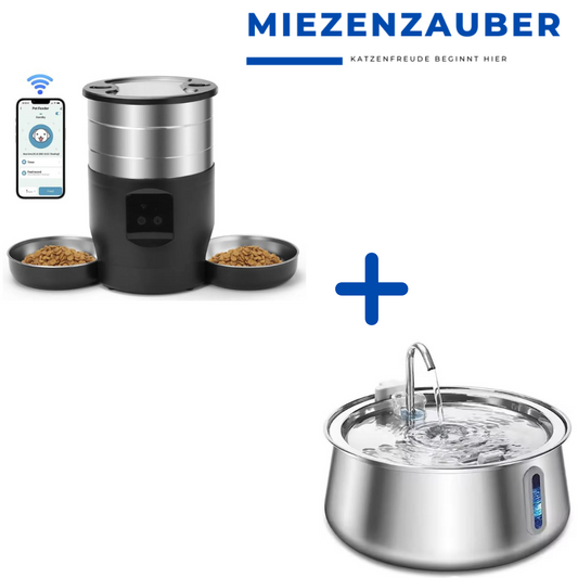 Kombiset: AquaFlow Edelstahl Katzenbrunnen + PetMaster 4.5L Intelligenter Futterspender mit WIFI