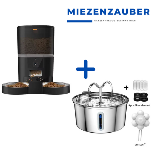 Kombiset: PureFlow Premium & DualFeed für 2 Katzen: Edelstahl-Trinkbrunnen, Smarter Futterautomat, Kamera + APP